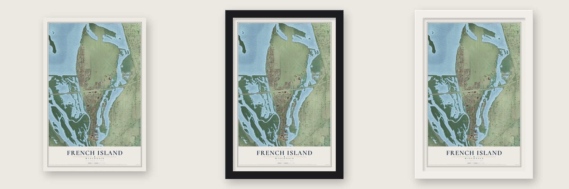 French Island, Wisconsin map unframed, in a black wood frame and in a white wood frame