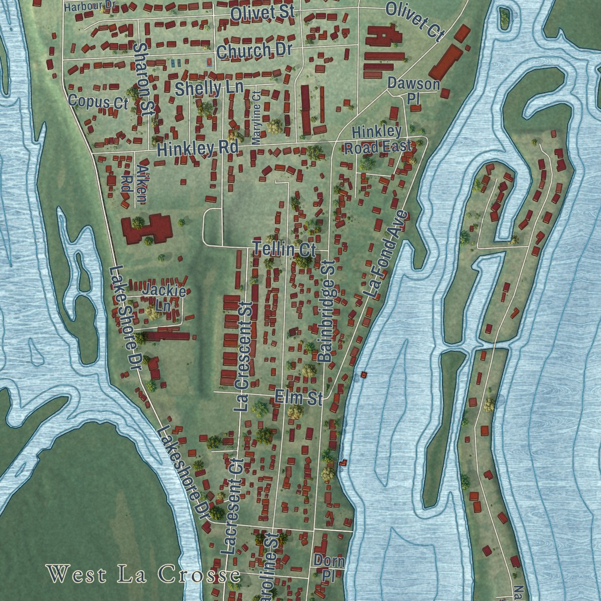 Second close-up of the map of French Island, Wisconsin print showing more streets and buildings