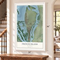 French Island, Wisconsin map, 24 x 36 inch print in a white frame by a staircase