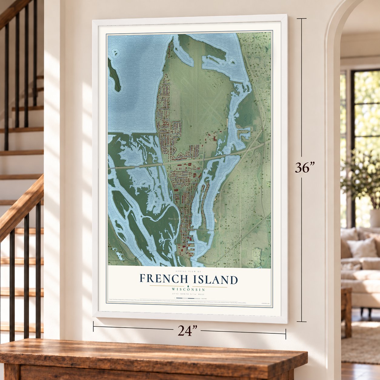 French Island, Wisconsin map, 24 x 36 inch print in a white frame by a staircase
