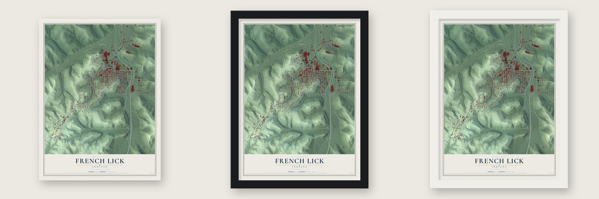 French Lick, Indiana map unframed, in a black wood frame and in a white wood frame