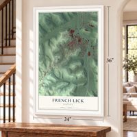 French Lick, Indiana map, 24 x 36 inch print in a white frame by a staircase