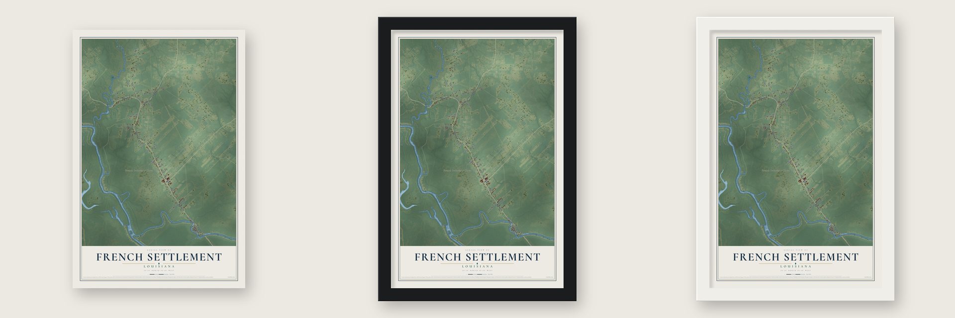 French Settlement, Louisiana map unframed, in a black wood frame and in a white wood frame