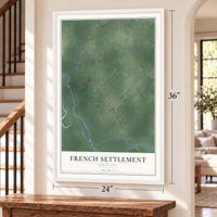 French Settlement, Louisiana map, 24 x 36 inch print in a white frame by a staircase