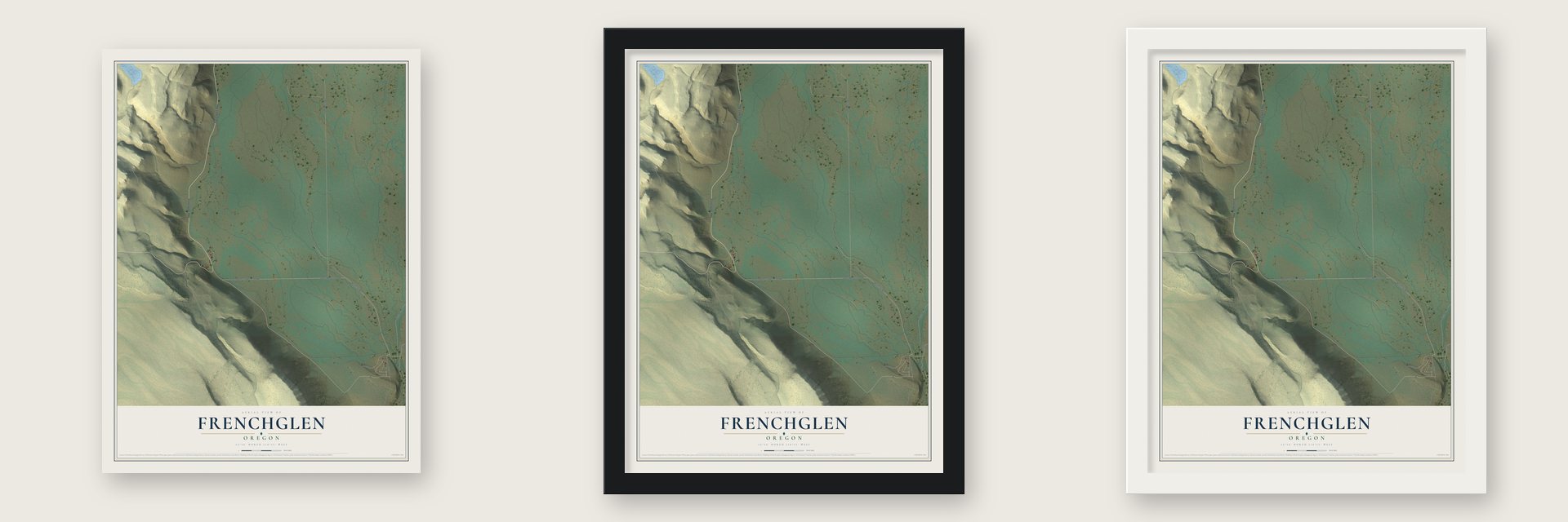 Frenchglen, Oregon map unframed, in a black wood frame and in a white wood frame