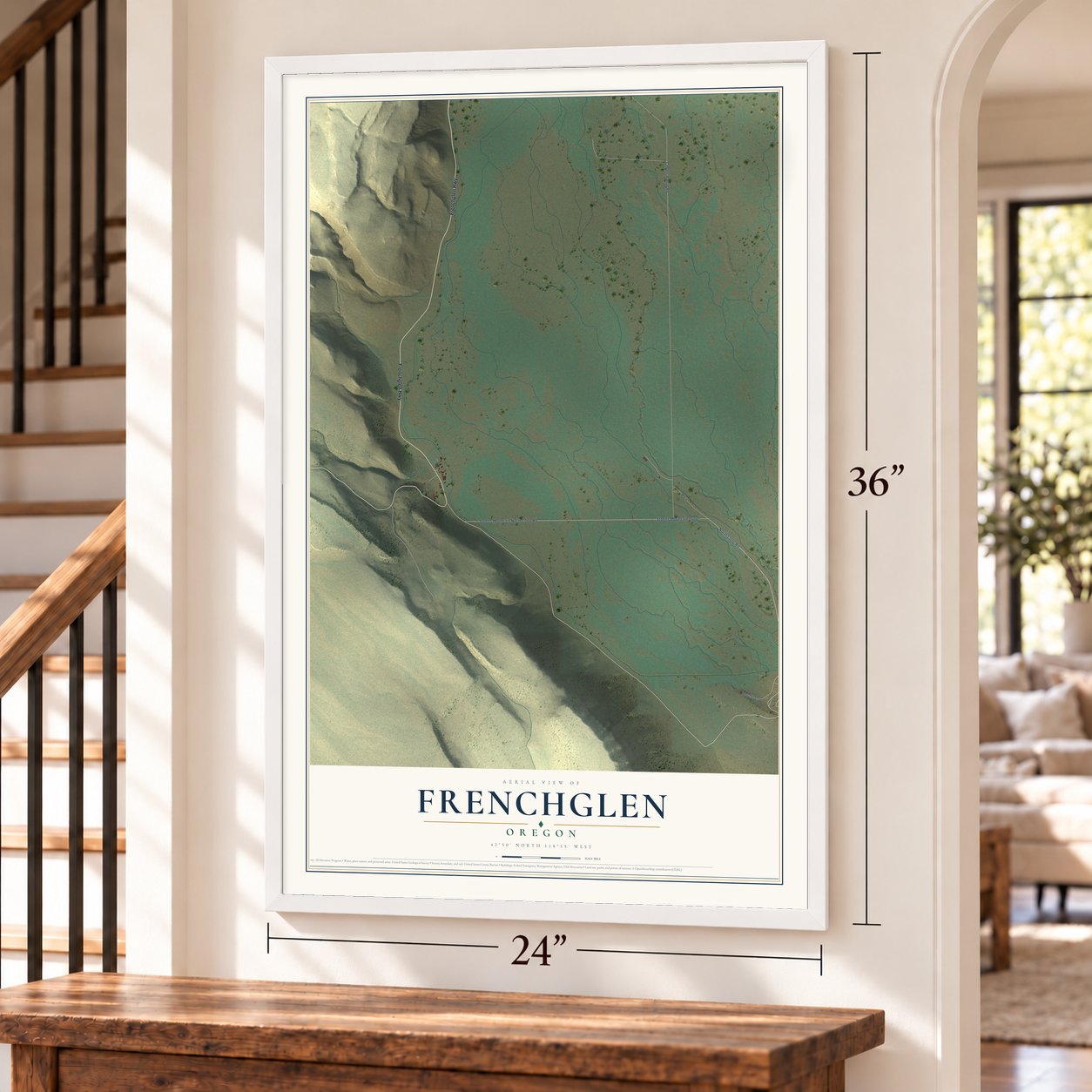 Frenchglen, Oregon map, 24 x 36 inch print in a white frame by a staircase