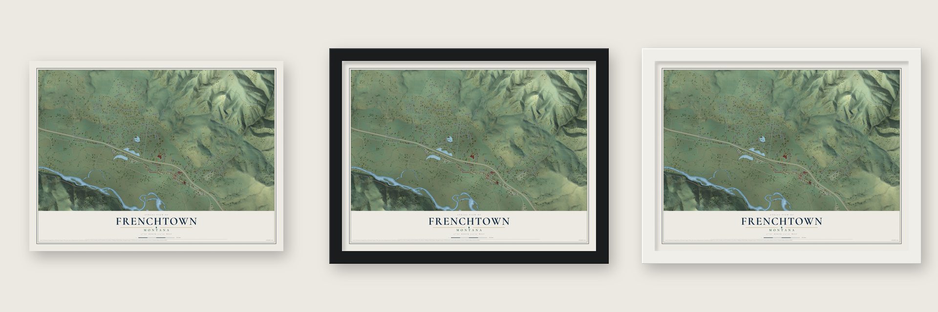 Frenchtown, Montana map unframed, in a black wood frame and in a white wood frame