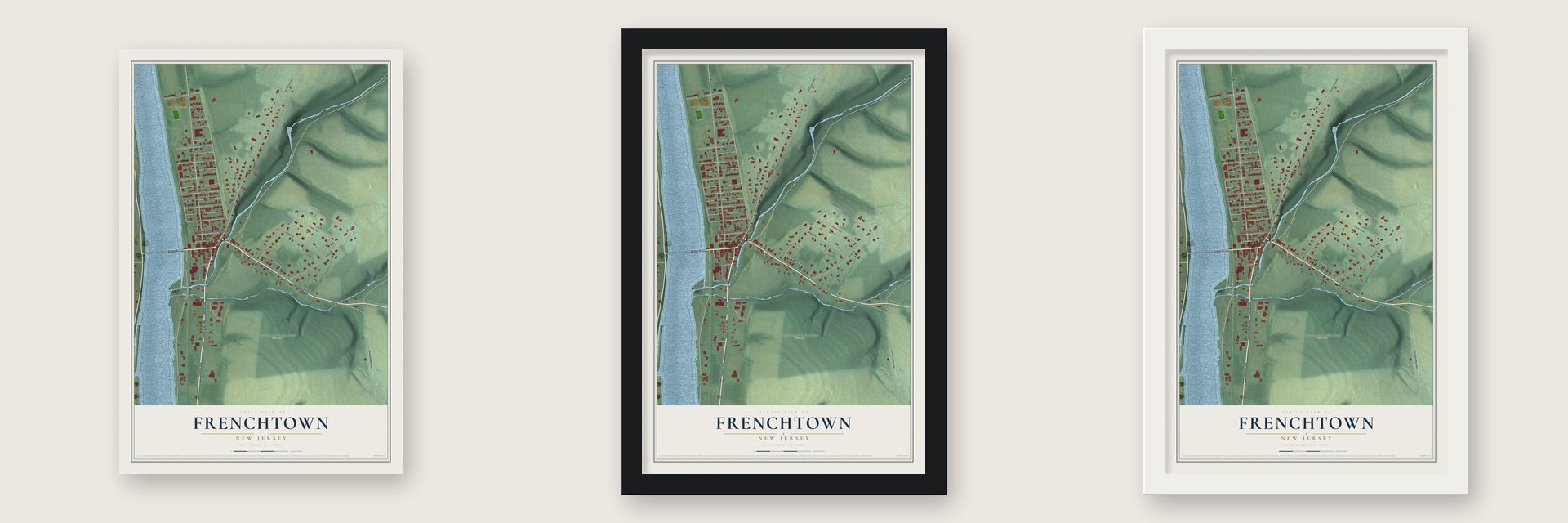 Frenchtown, New Jersey map unframed, in a black wood frame and in a white wood frame