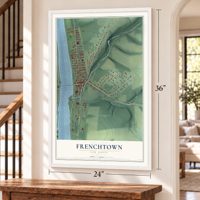Frenchtown, New Jersey map, 24 x 36 inch print in a white frame by a staircase