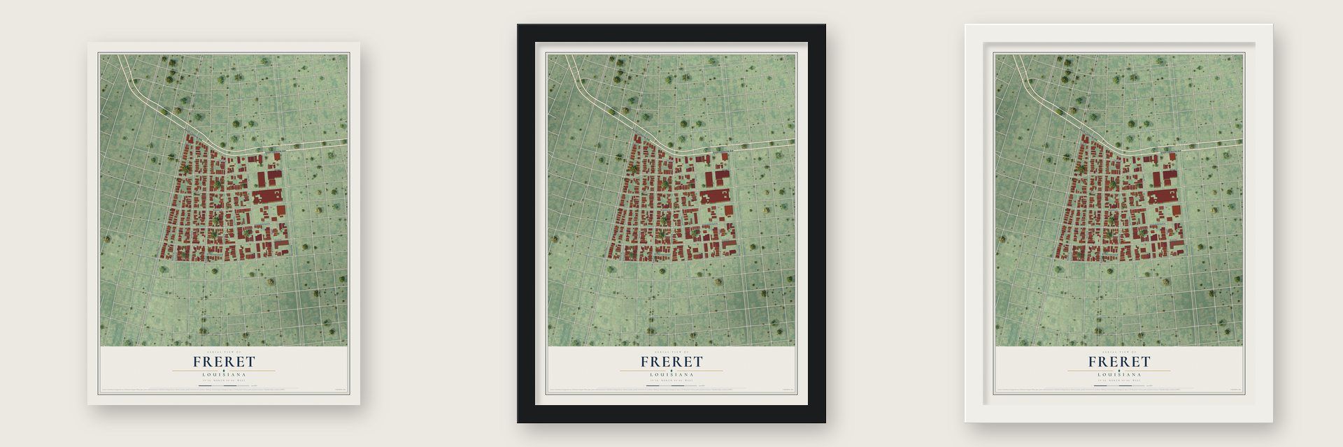 Freret, Louisiana map unframed, in a black wood frame and in a white wood frame