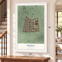 Freret, Louisiana map, 24 x 36 inch print in a white frame by a staircase