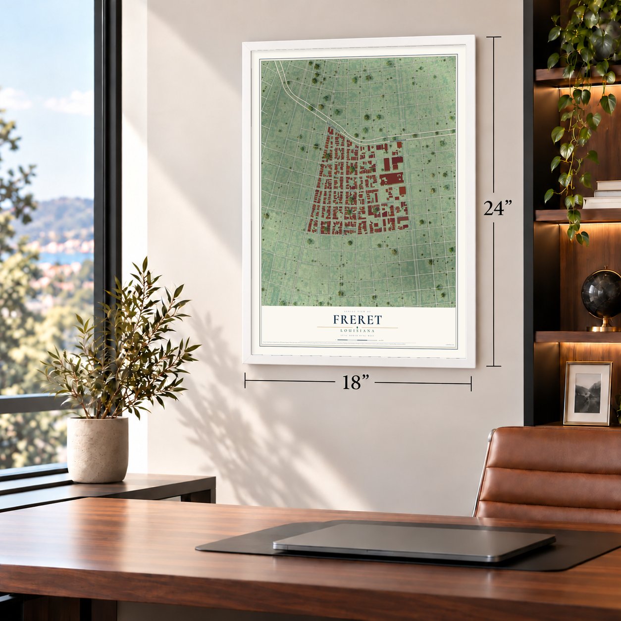 Freret, Louisiana map, 18 x 24 inch print in a white frame in a home office