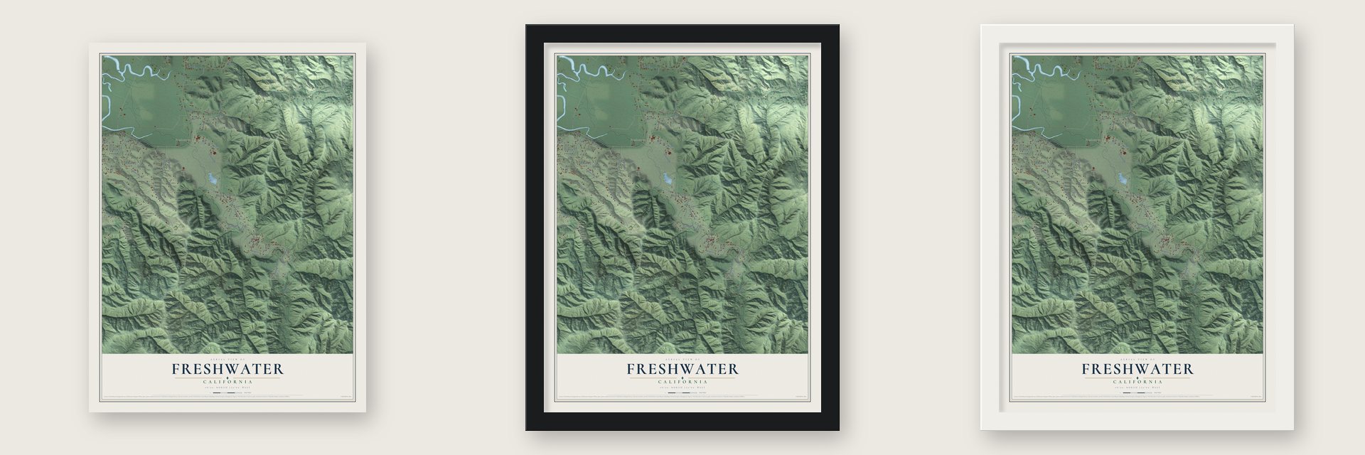 Freshwater, California map unframed, in a black wood frame and in a white wood frame
