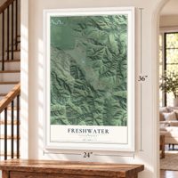 Freshwater, California map, 24 x 36 inch print in a white frame by a staircase