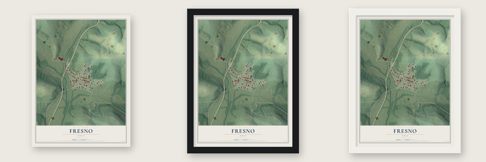 Fresno, Ohio map unframed, in a black wood frame and in a white wood frame