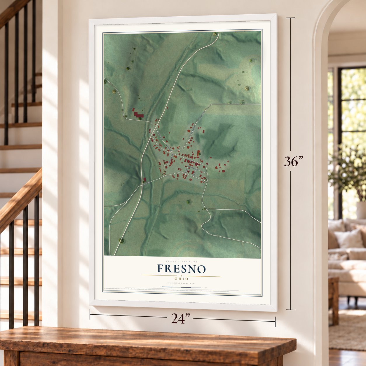 Fresno, Ohio map, 24 x 36 inch print in a white frame by a staircase