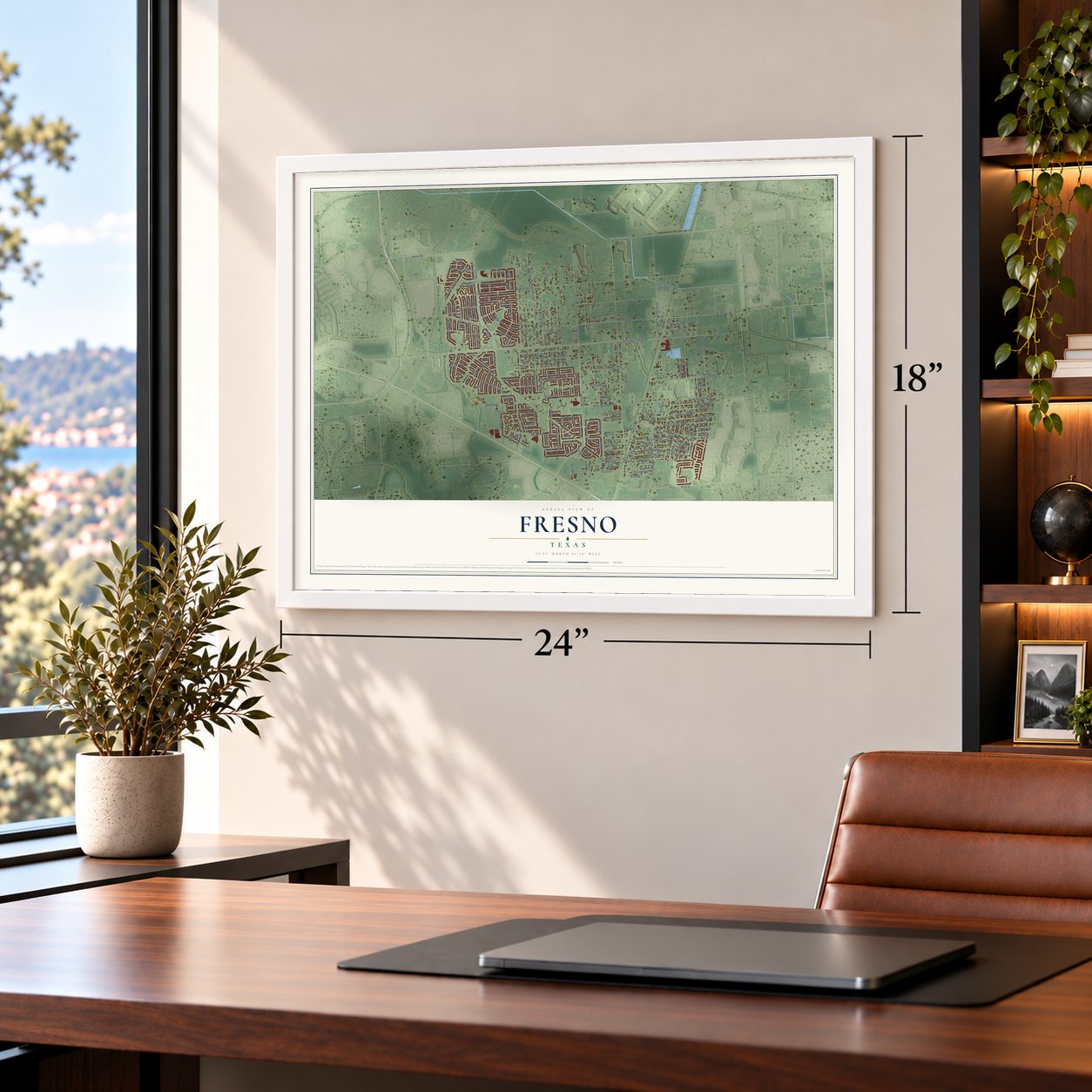 Fresno, Texas map, 18 x 24 inch print in a white frame in a home office