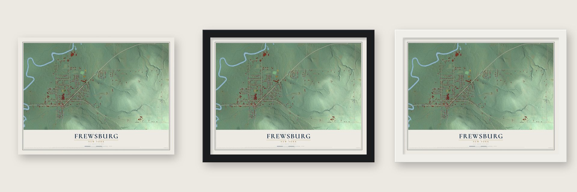 Frewsburg, New York map unframed, in a black wood frame and in a white wood frame