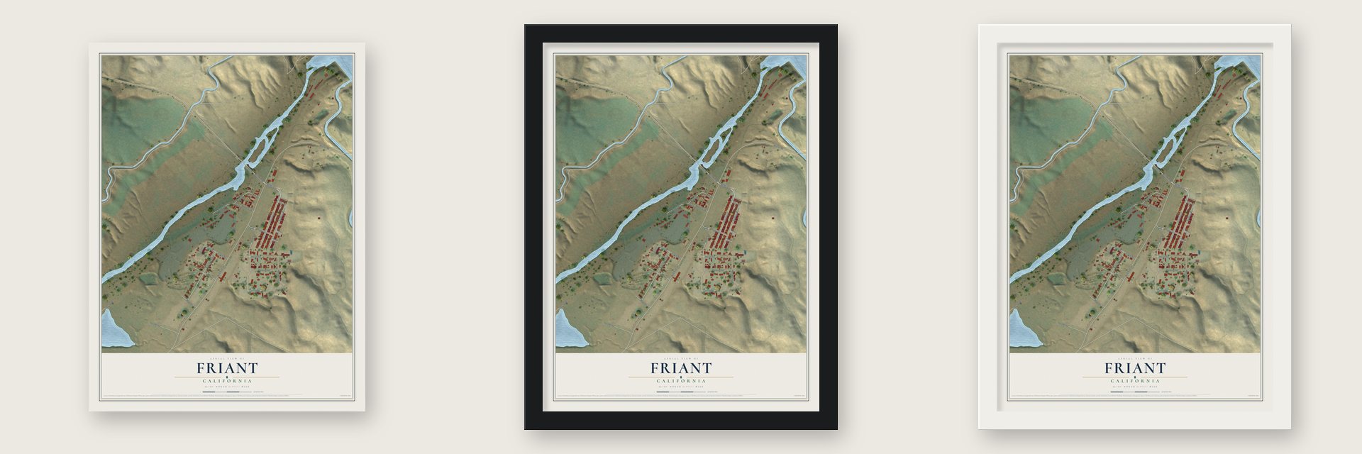 Friant, California map unframed, in a black wood frame and in a white wood frame