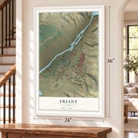 Friant, California map, 24 x 36 inch print in a white frame by a staircase