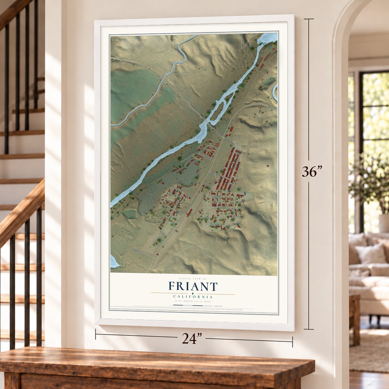 Friant, California map, 24 x 36 inch print in a white frame by a staircase