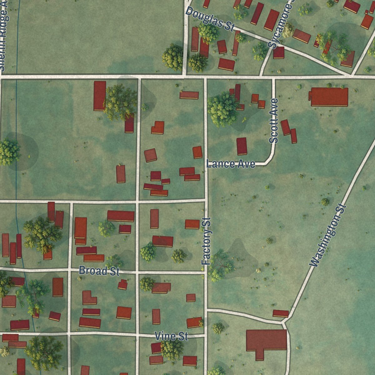 Second close-up of the map of Friars Point, Mississippi print showing more streets and buildings