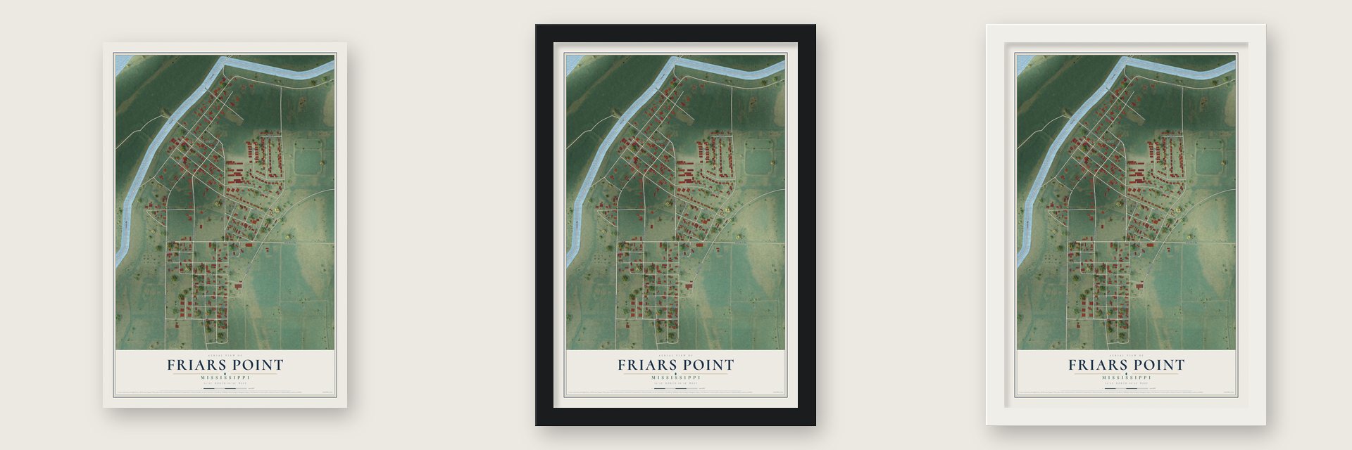 Friars Point, Mississippi map unframed, in a black wood frame and in a white wood frame