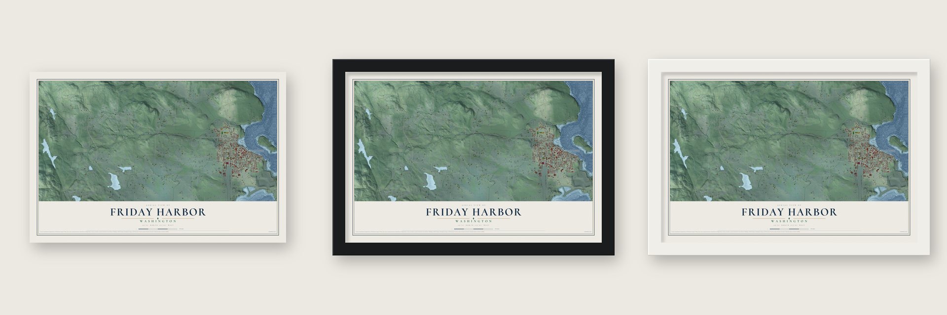 Friday Harbor, Washington map unframed, in a black wood frame and in a white wood frame