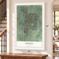Fridley, Minnesota map, 24 x 36 inch print in a white frame by a staircase
