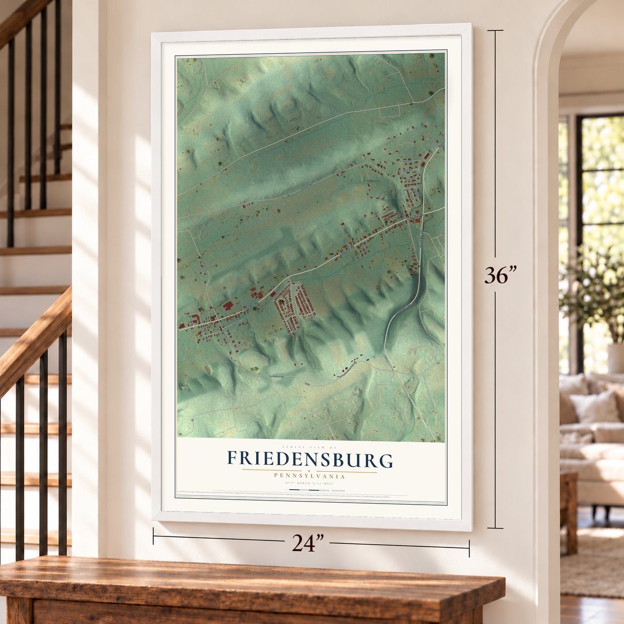 Friedensburg, Pennsylvania map, 24 x 36 inch print in a white frame by a staircase