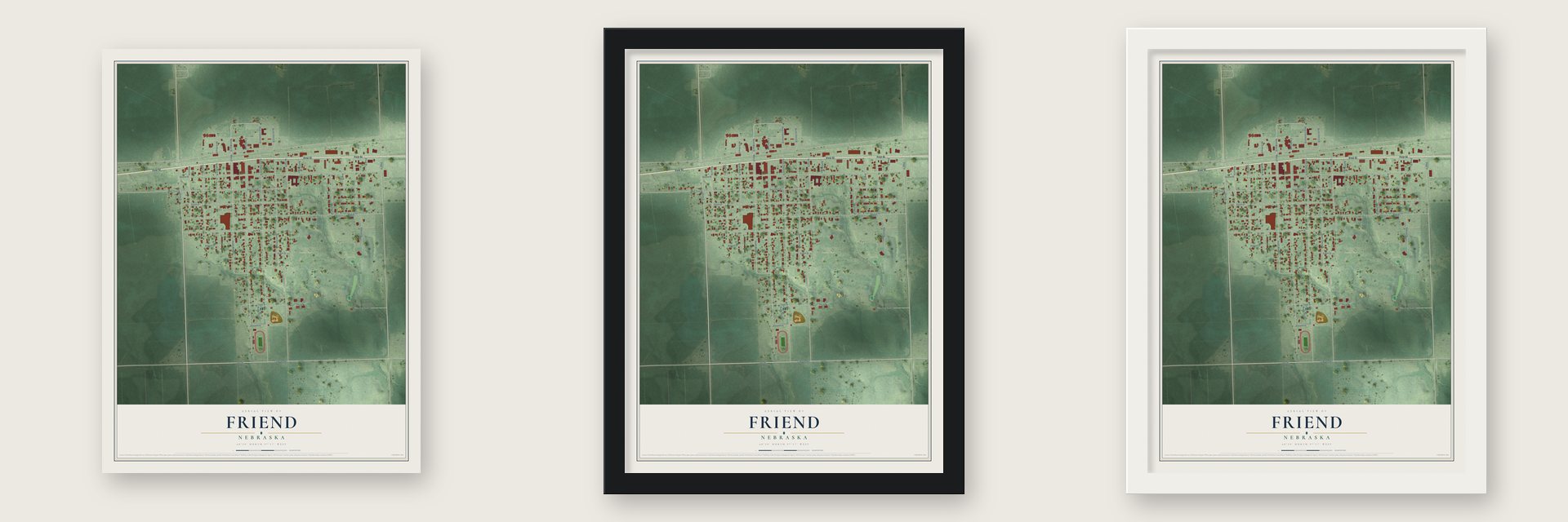 Friend, Nebraska map unframed, in a black wood frame and in a white wood frame