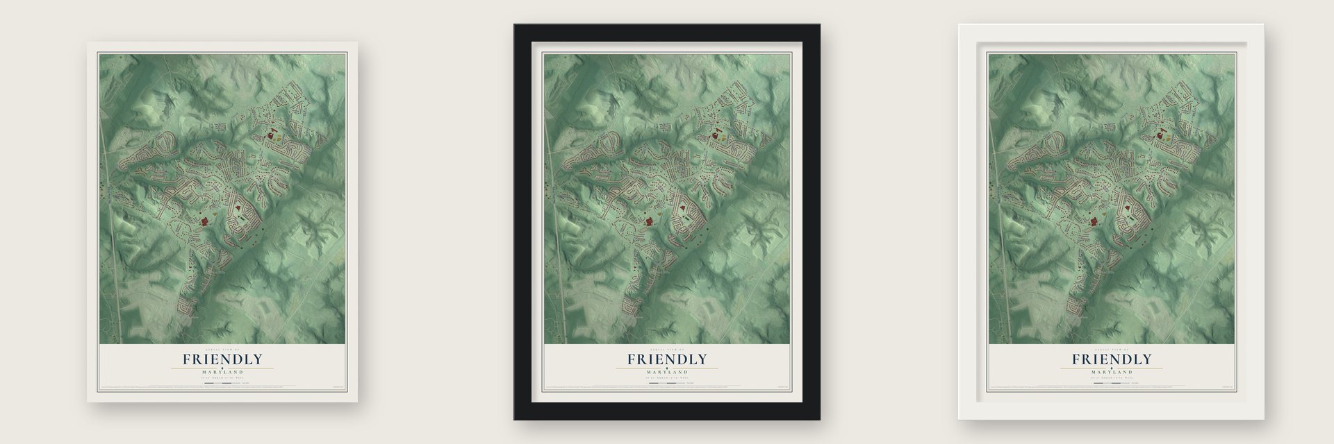 Friendly, Maryland map unframed, in a black wood frame and in a white wood frame