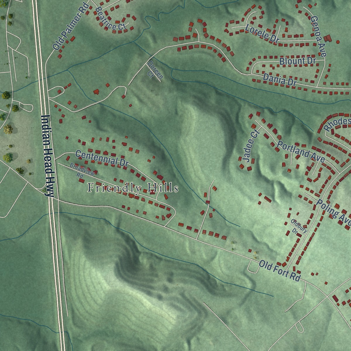 Second close-up of the map of Friendly, Maryland print showing more streets and buildings