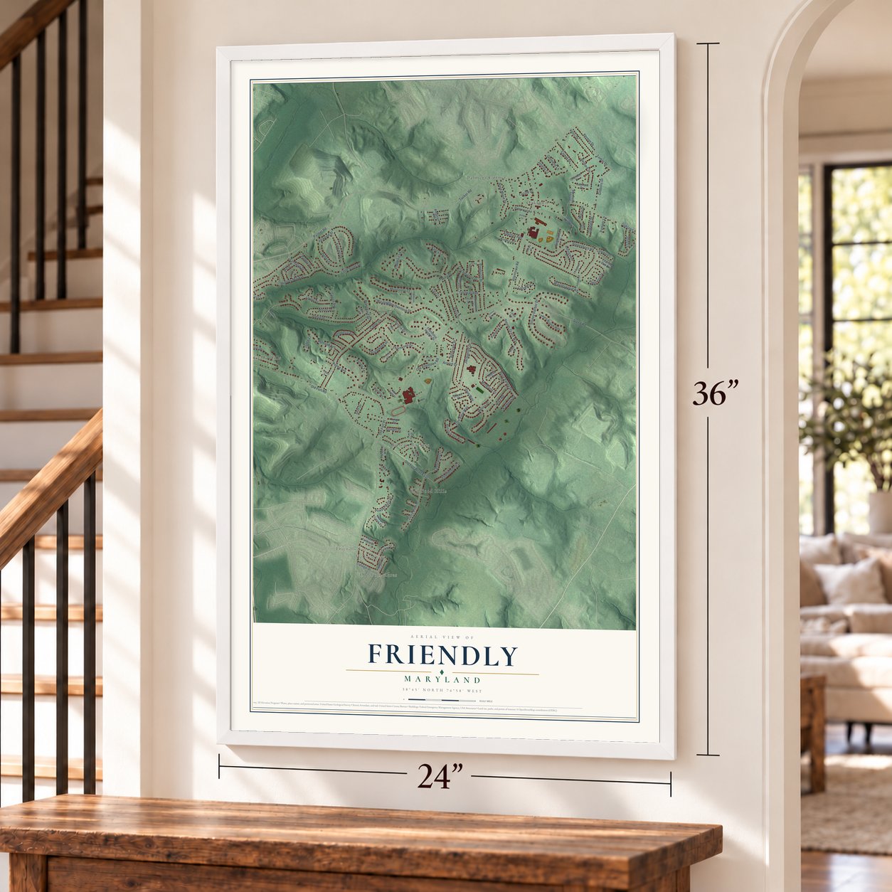 Friendly, Maryland map, 24 x 36 inch print in a white frame by a staircase