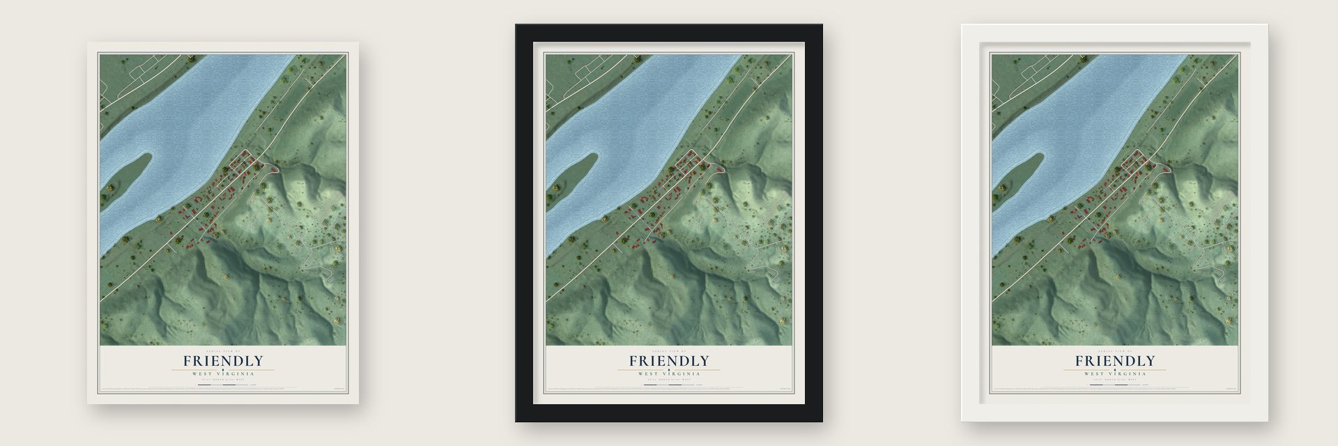 Friendly, West Virginia map unframed, in a black wood frame and in a white wood frame