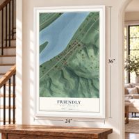 Friendly, West Virginia map, 24 x 36 inch print in a white frame by a staircase