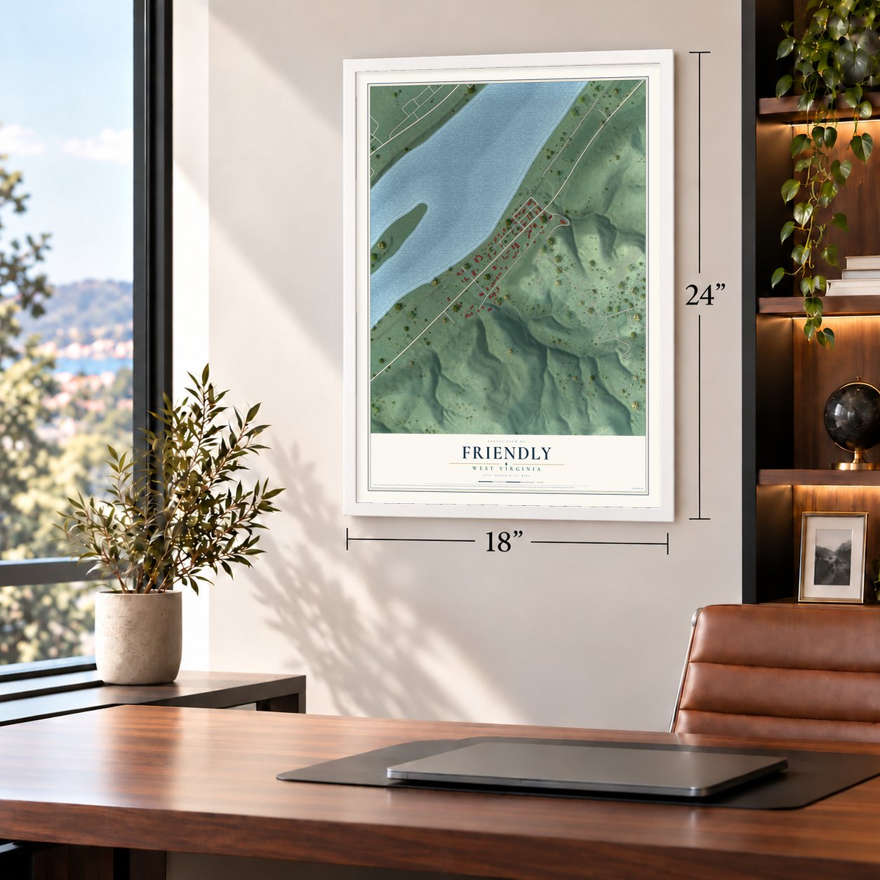 Friendly, West Virginia map, 18 x 24 inch print in a white frame in a home office