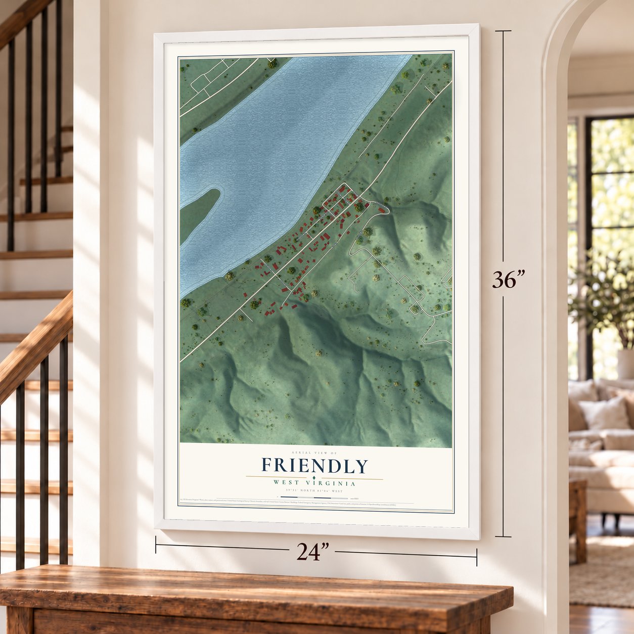 Friendly, West Virginia map, 24 x 36 inch print in a white frame by a staircase