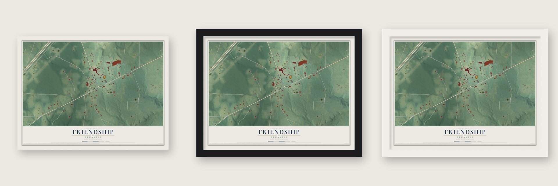 Friendship, Arkansas map unframed, in a black wood frame and in a white wood frame