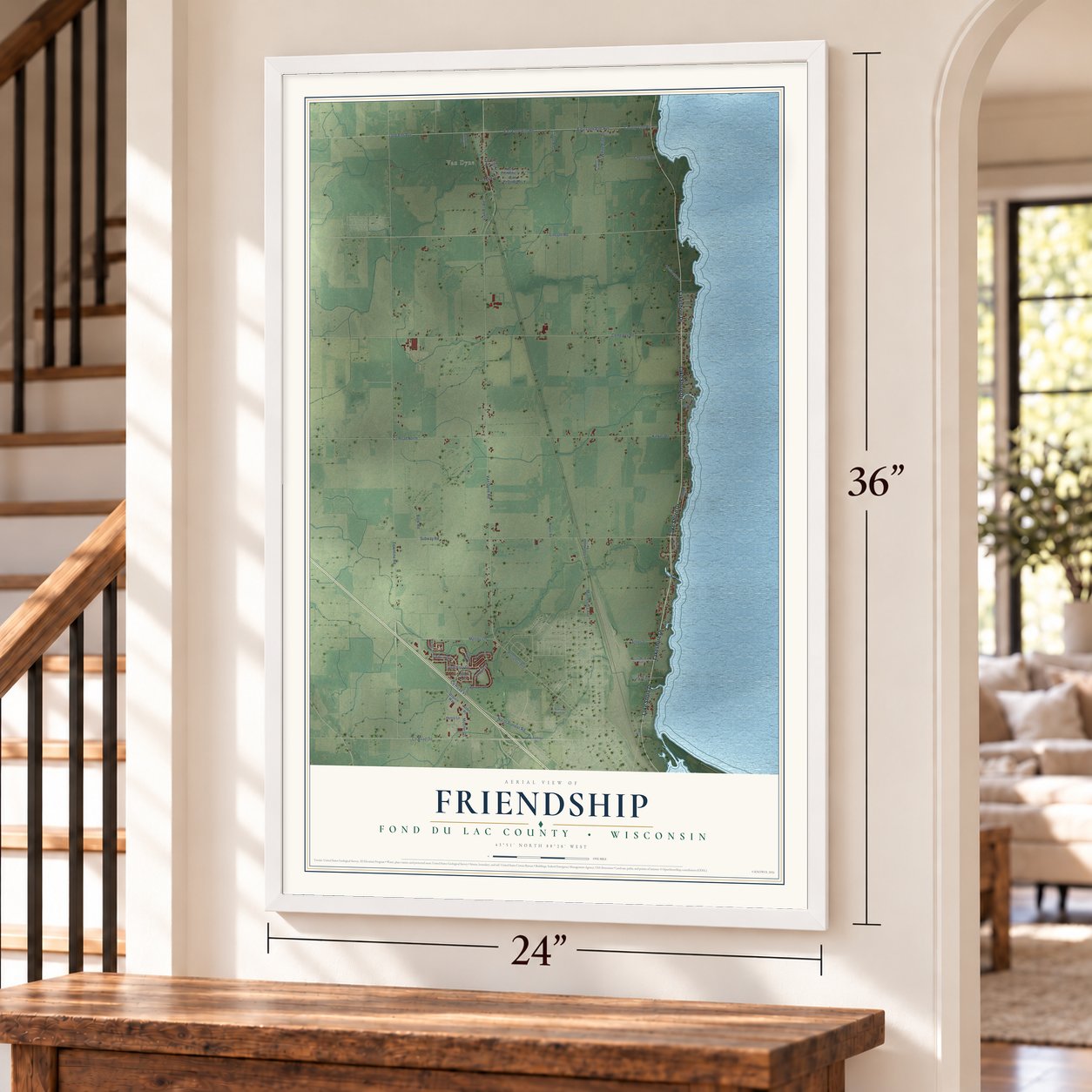 Friendship, Fond du Lac County, Wisconsin map, 24 x 36 inch print in a white frame by a staircase
