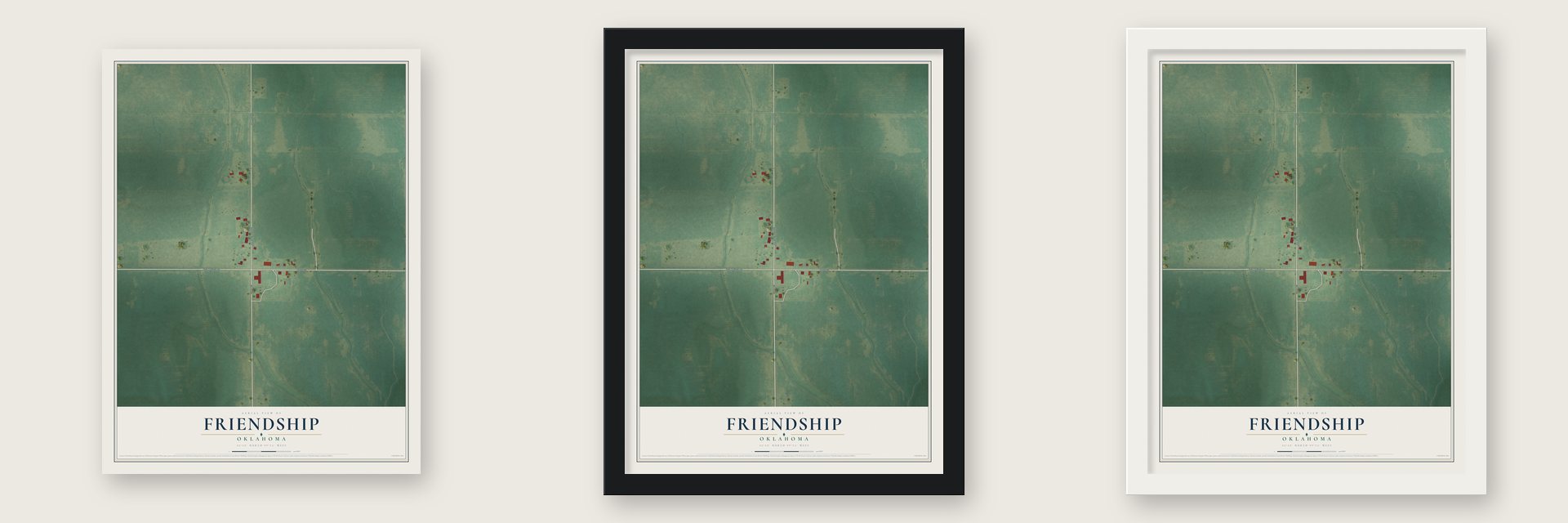 Friendship, Oklahoma map unframed, in a black wood frame and in a white wood frame