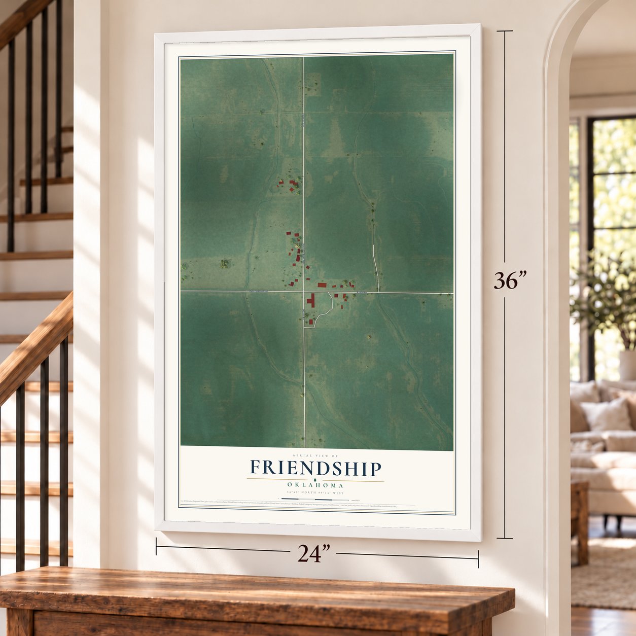 Friendship, Oklahoma map, 24 x 36 inch print in a white frame by a staircase