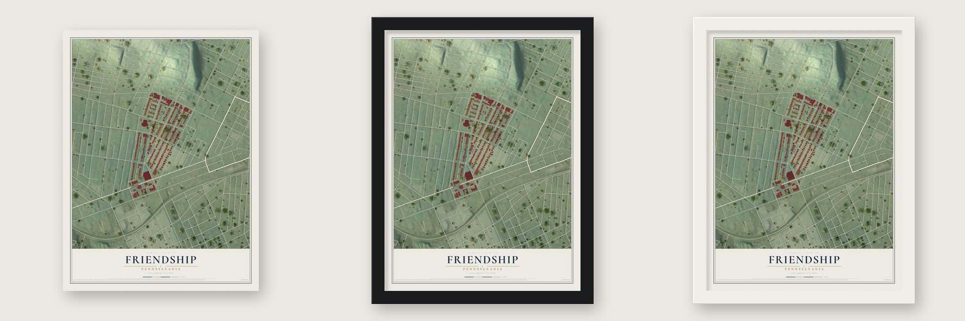 Friendship, Pennsylvania map unframed, in a black wood frame and in a white wood frame