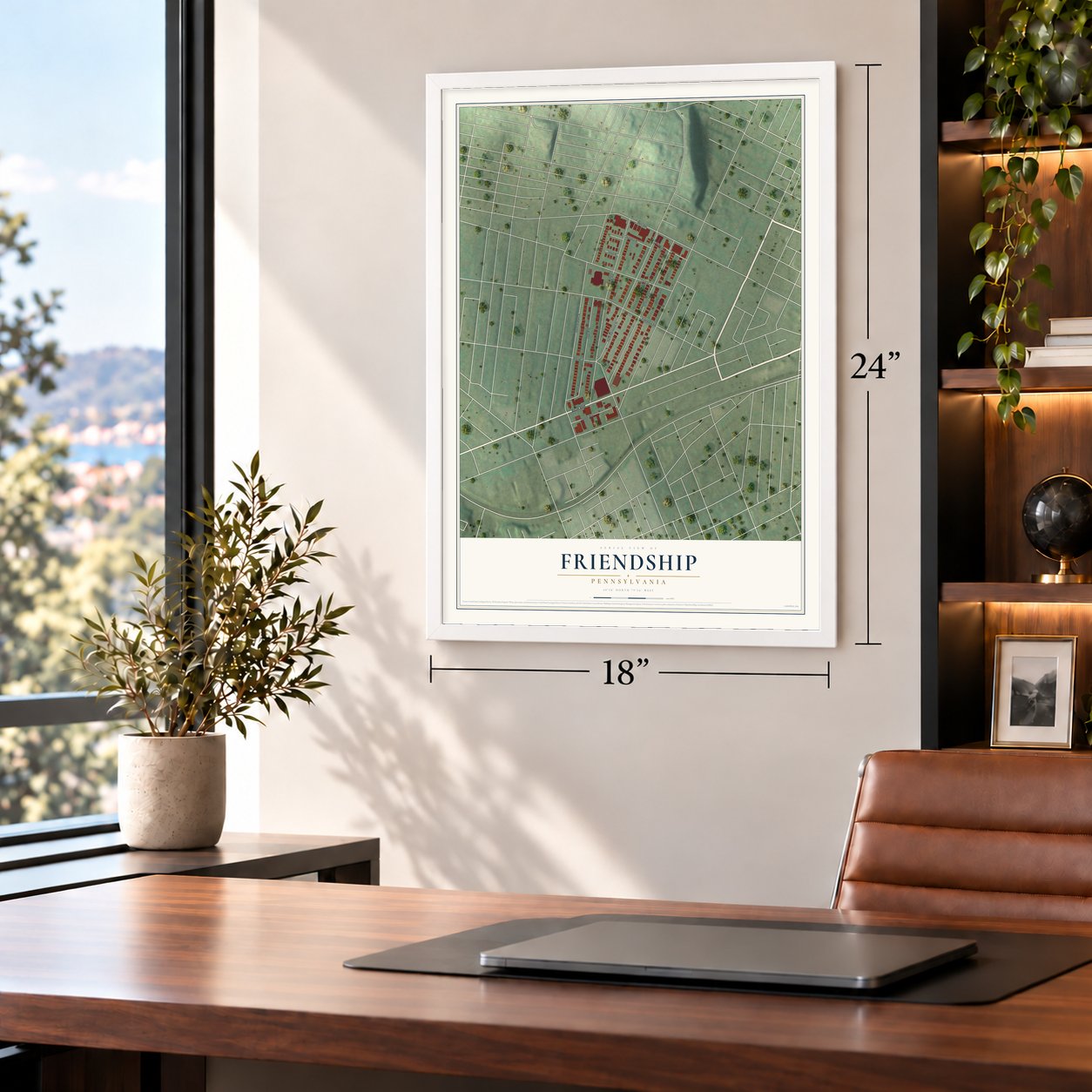 Friendship, Pennsylvania map, 18 x 24 inch print in a white frame in a home office