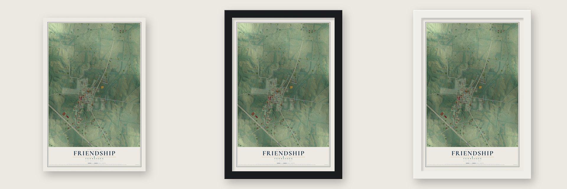 Friendship, Tennessee map unframed, in a black wood frame and in a white wood frame