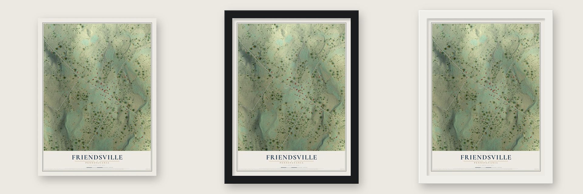 Friendsville, Pennsylvania map unframed, in a black wood frame and in a white wood frame