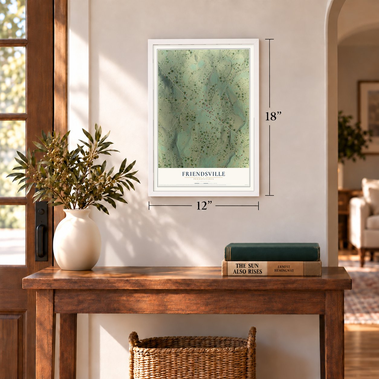 Friendsville, Pennsylvania map, 12 x 18 inch print in a white frame in an entryway
