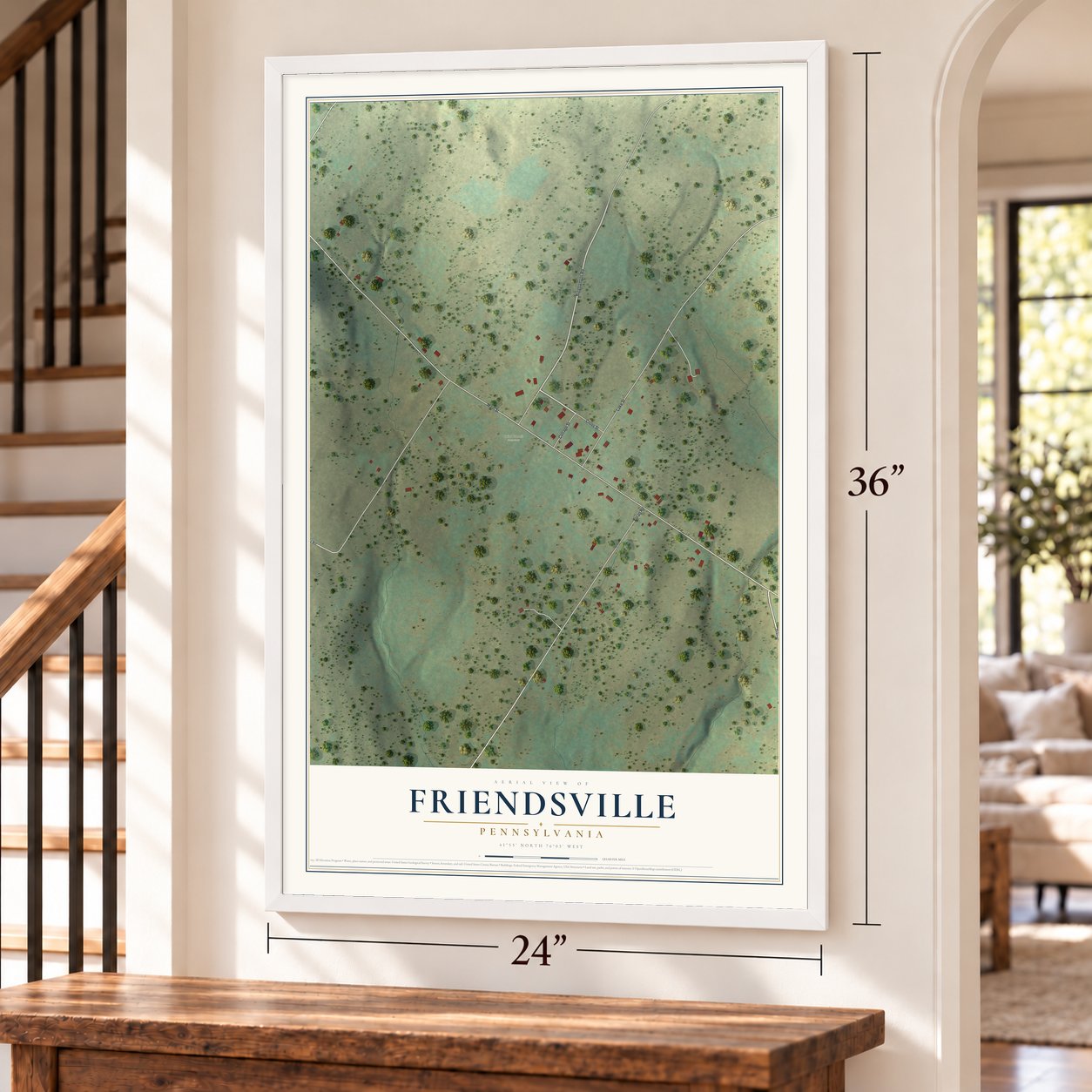 Friendsville, Pennsylvania map, 24 x 36 inch print in a white frame by a staircase