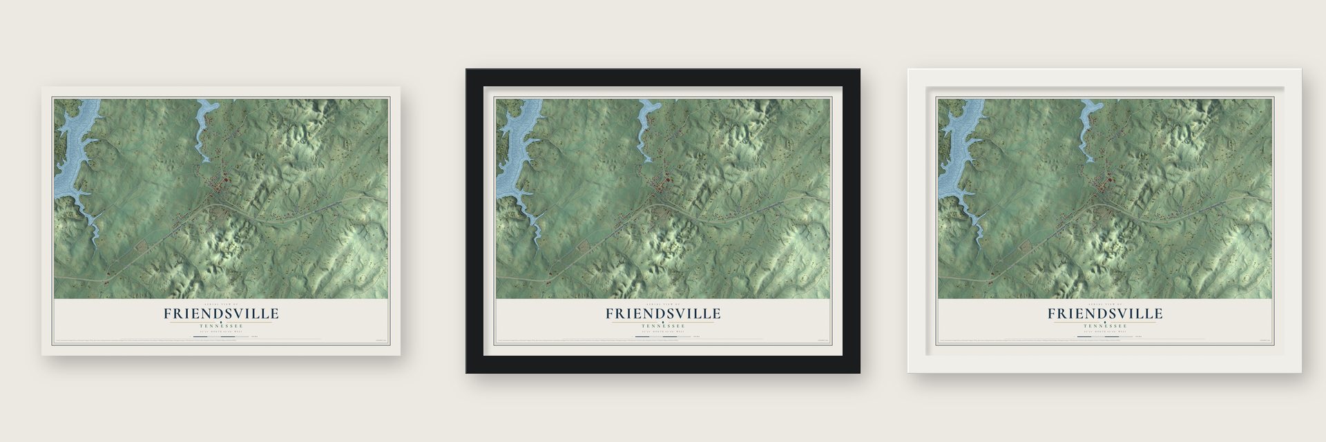 Friendsville, Tennessee map unframed, in a black wood frame and in a white wood frame