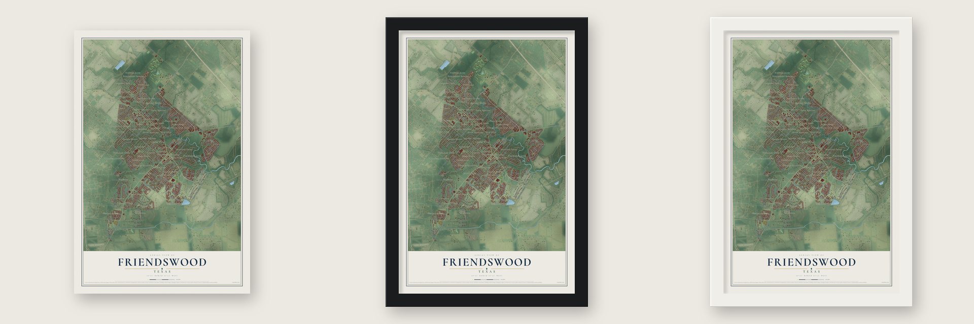 Friendswood, Texas map unframed, in a black wood frame and in a white wood frame